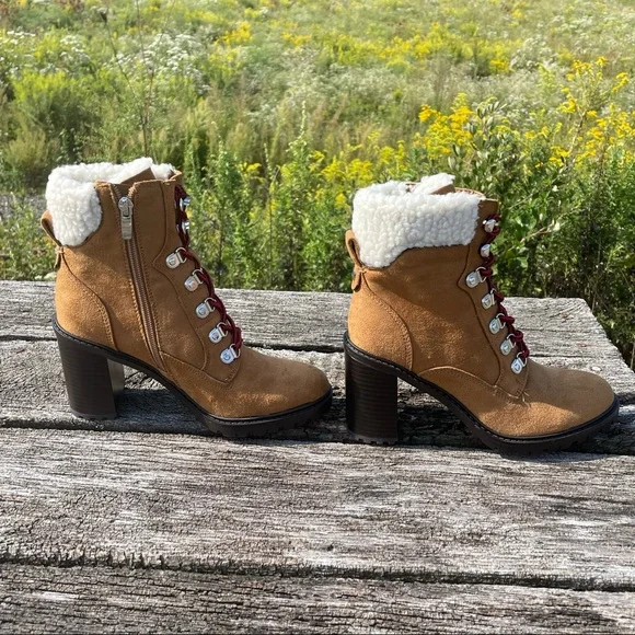 8 10 NWT Nine West tan chunk heel faux fur suede vegan moto combat boots - Picture 8 of 13